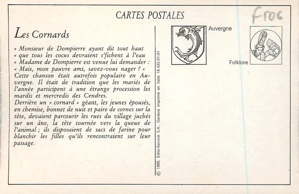 AUVERGNE - De Cornards (Lokale feest in Sauxillanges) — G. Delaunay, uitgever, Clermont-Ferrand, n°138 - Achterkant