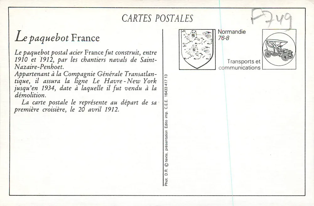 Le Havre — Der Liner "France", von der Compagnie Générale Transatlantique — LL. n°236 - Rückseite