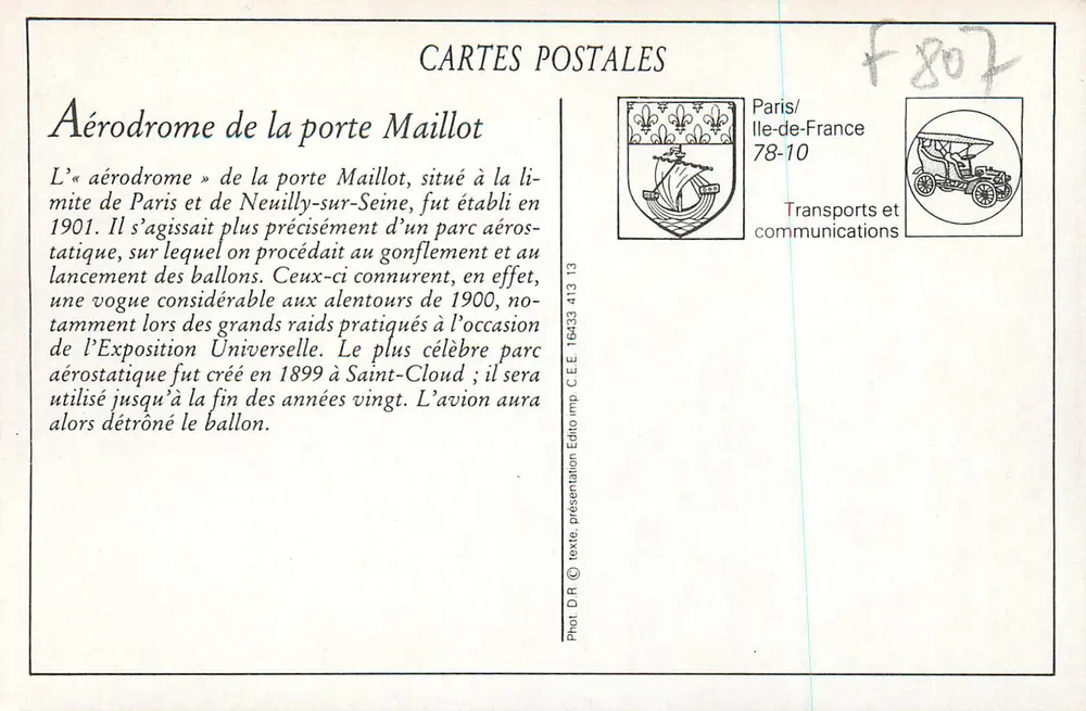 Aeroporto da Porte Maillot — Paris — editor C.E.E. n° 78-10 - Verso