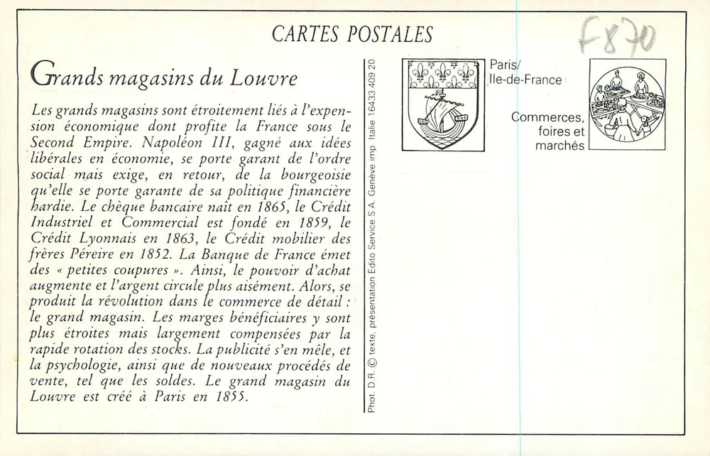 Grandes Magasins du Louvre — Galerie des Confection pour Dames — Paris - Verso