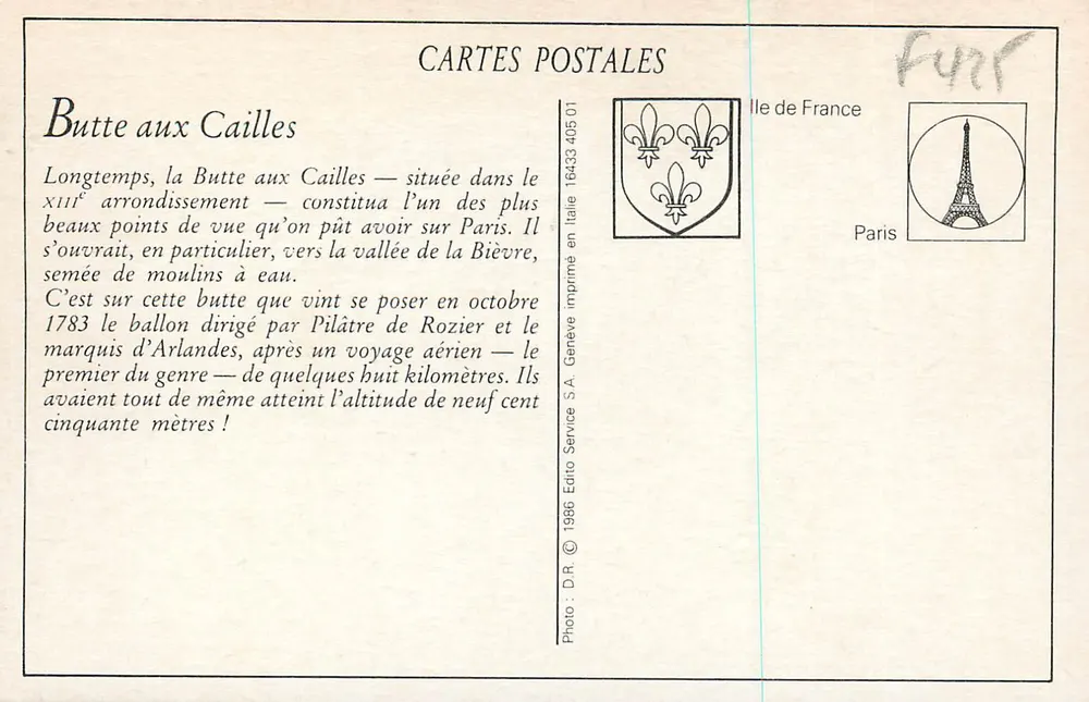 Butte aux Cailles — Une ruelle de la Butte aux Cailles — Édito Service S.A. n° 16433 405 01 - Verso