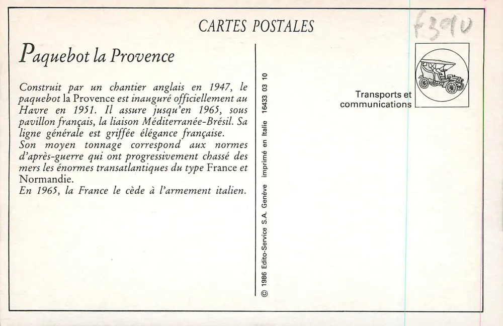 La Provence — Paquebot transatlantique — Collection AD - Verso