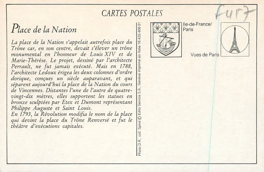 Paris (12e) — Les Colonnes du Trône. Place de la Nation — J.H. - Verso