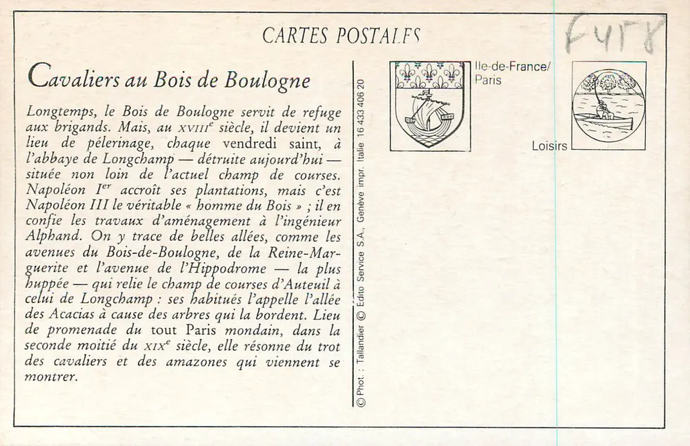 Cavaliers au Bois de Boulogne — Publisher TALLANDIER, n° 16 433 406 20 - Back