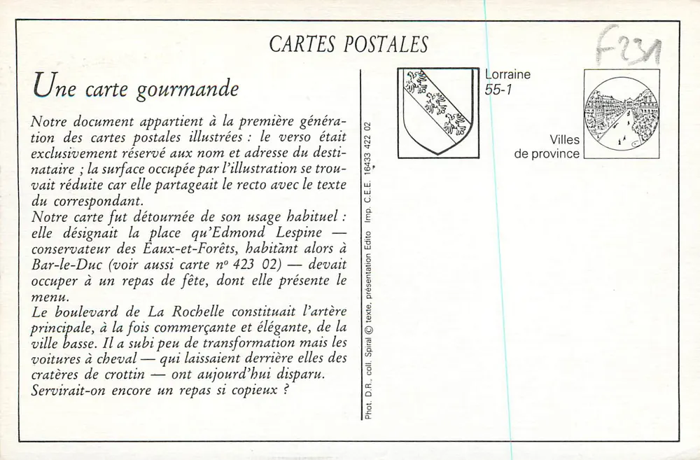 Bar-le-Duc - Boulevard de La Rochelle — Menu de repas — Éditeur Ed. Collet, Bar-le-Duc - Verso