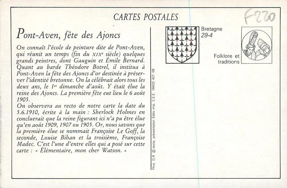 Ponte-Aven — Il incoronamento della Regina dei Genziani — Collezione VILLARD Quimper - Verso