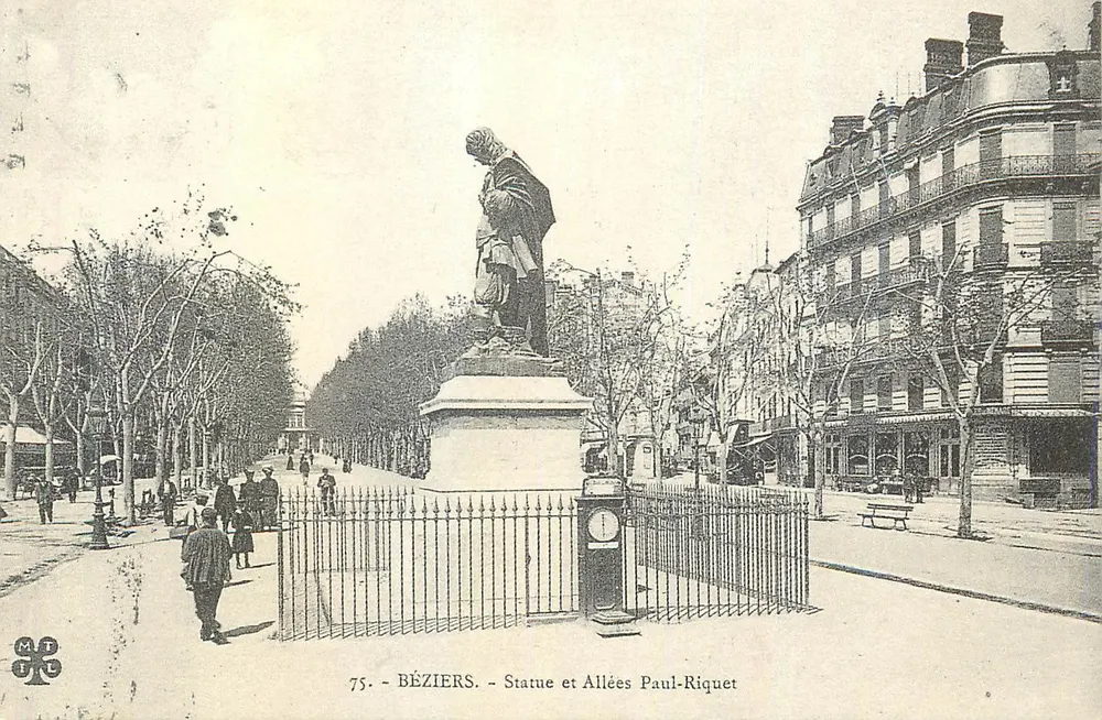 Béziers - Statue et Allées Paul-Riquet — éditeur L'Aurore, n°75 - Recto