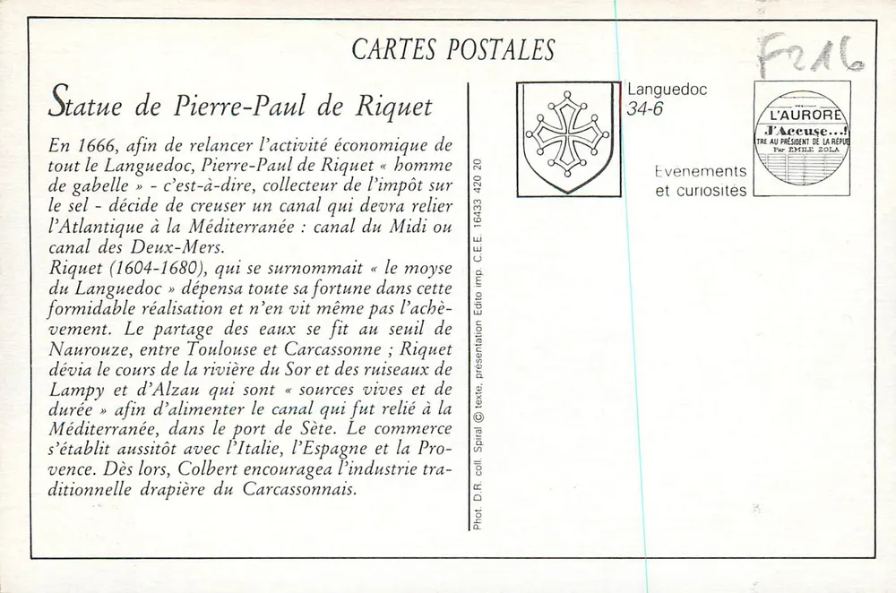 Béziers - Statue et Allées Paul-Riquet — éditeur L'Aurore, n°75 - Verso