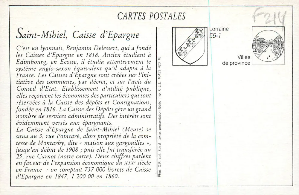 Saint-Mihiel - Caisse d'Epargne et Rue Carnot — Édito, n° 55-1 - Verso