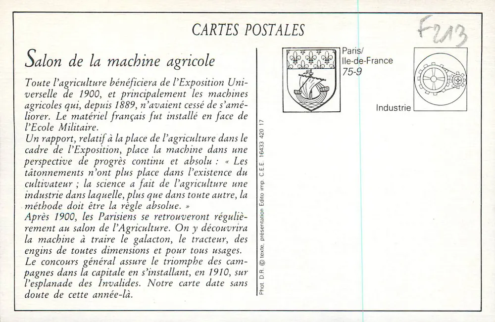 Salon de la Machine Agricole — Paris, Grand Palais — Étab. Roffo - Verso