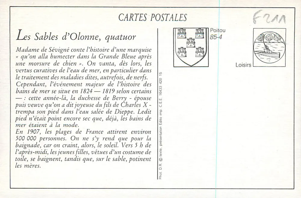 Les Sables-d'Olonne — Banhos de Mar — Edição Neuvelles Galeries n°5083 - Verso
