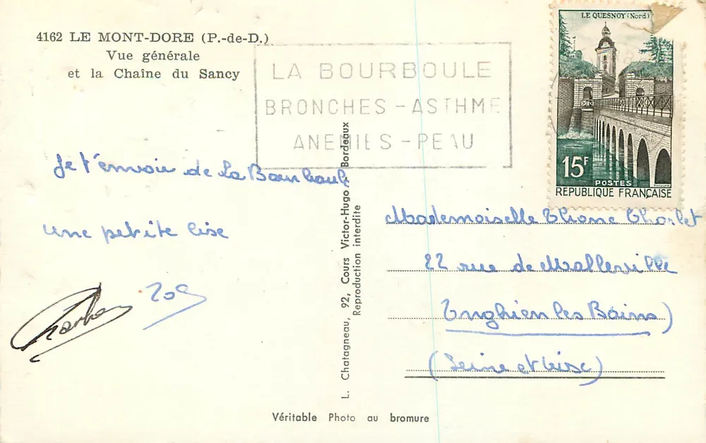 Vue générale du Mont-Dore et chaîne du Sancy — Éditeur Elée, n°4162 - Verso