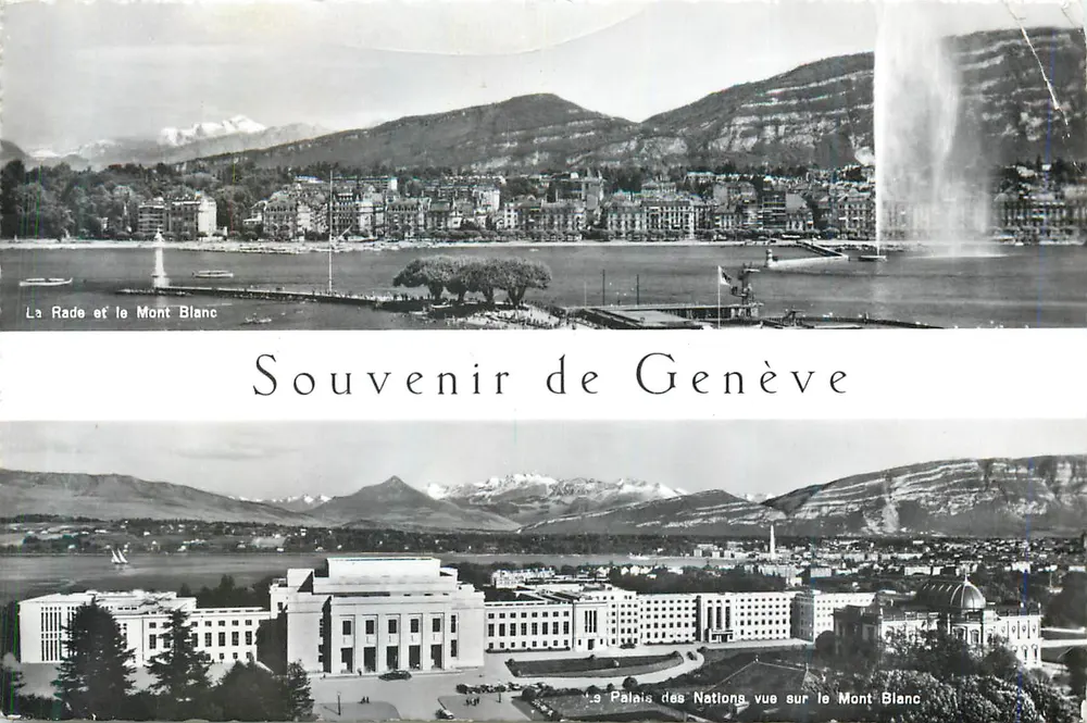 La Rada i Mont Blanc — Pamiątka z Genewy — Pałac Narodów widok na Mont Blanc — Wydawnictwo Jaeger, nr 7027 - Awers