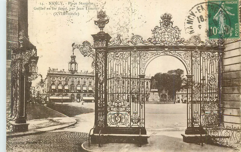 Nancy, Praça Stanislas — Grades em ferro forjado por Jean Lamour (século XVIII) — Editor: Bonjour & Fils, N°14 - Frente