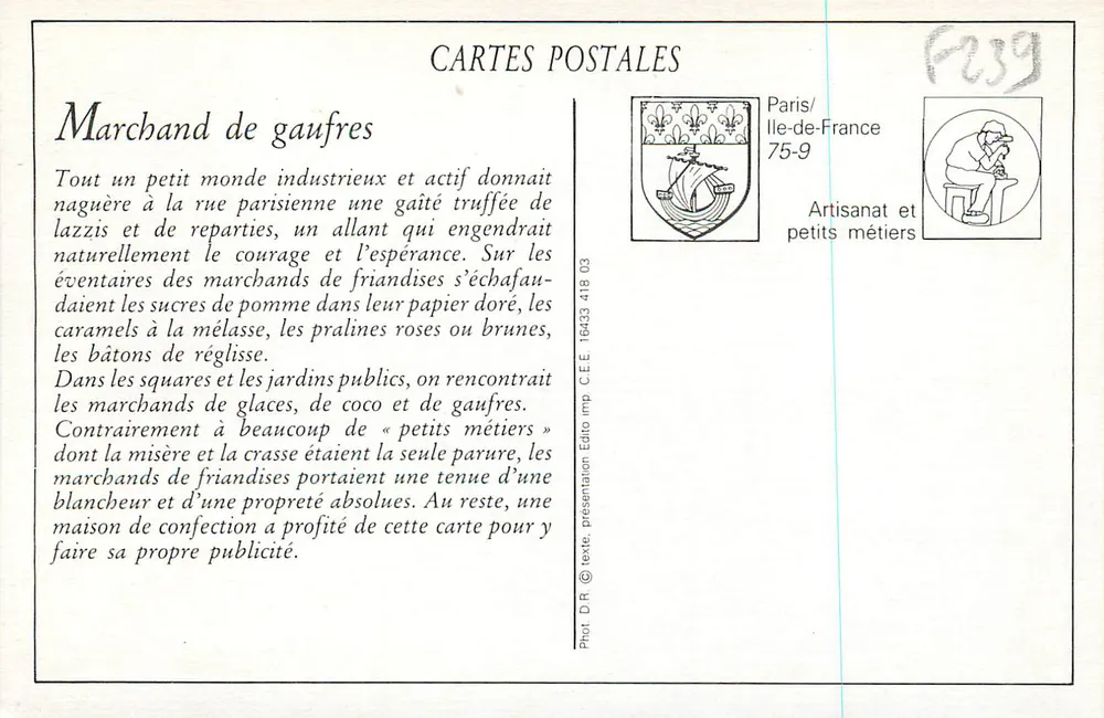 Marchand de gaufres — Les petits métiers parisiens — Artisanat et petits métiers, Paris/Ile-de-France - Verso