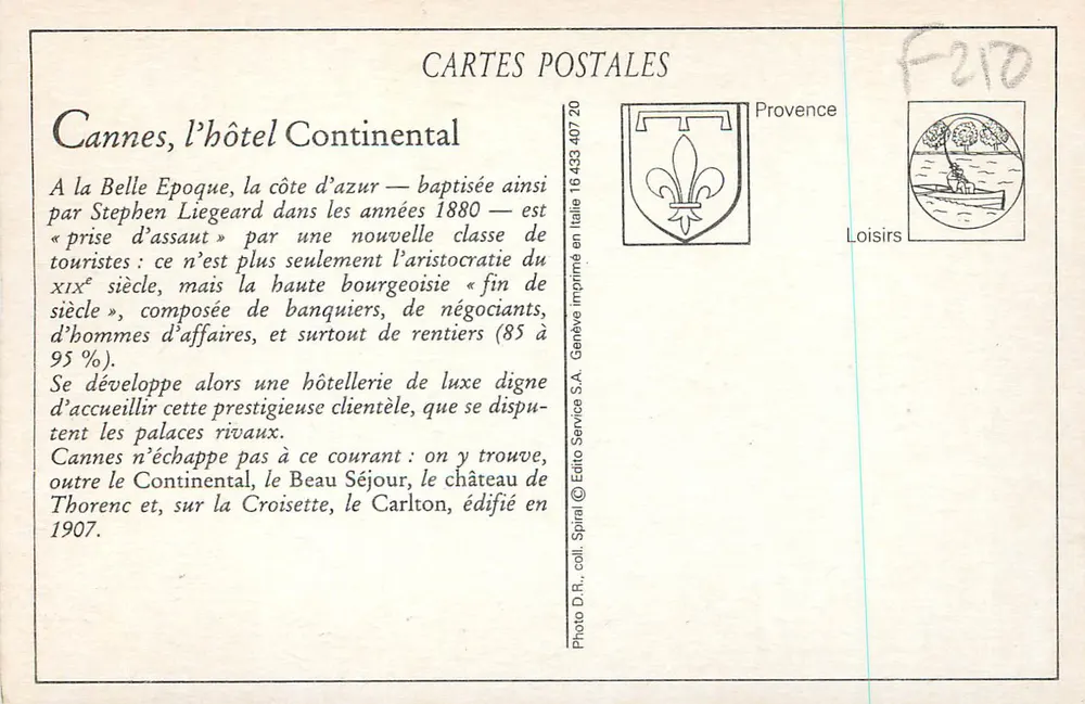 CANNES — O Hotel Continental — Selecta - Verso