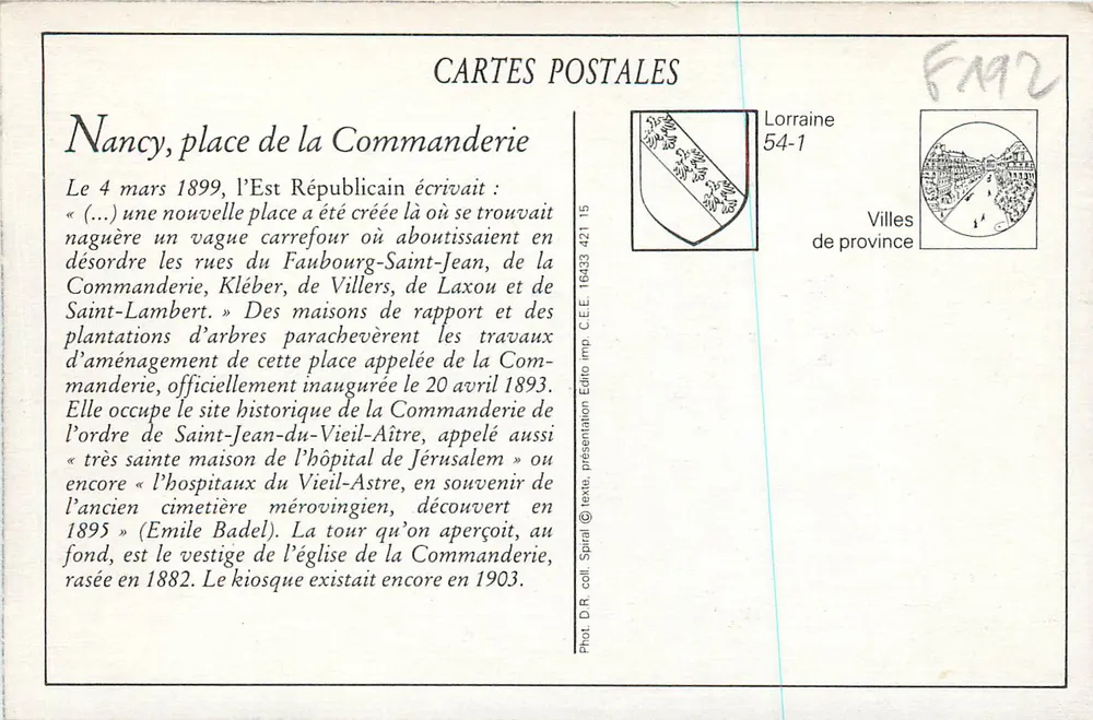 Nancy — Praça e Torre da Comendadeira — F. Gedovius, Nancy - Verso