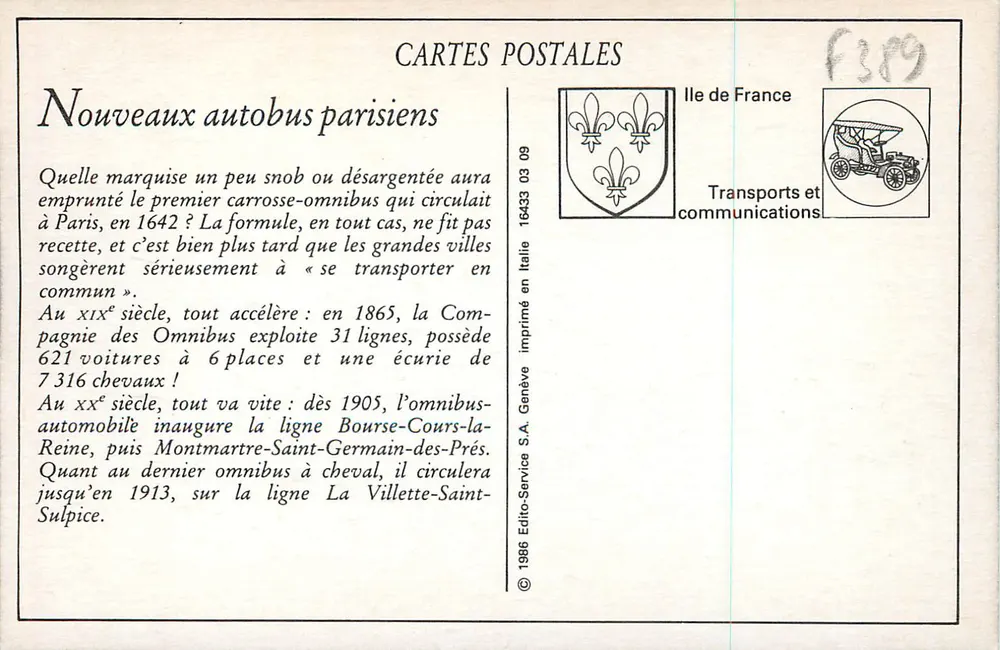 Os novos ônibus parisienses — Compagnia Geral dos Ônibus, linha 73 — editor B.I.D. - Verso