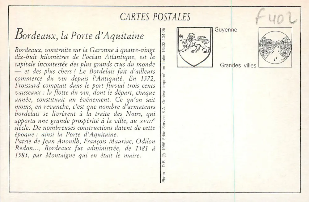 Bordeaux — Place de la Victoire und Porte d'Aquitaine — Verleger: Service S.A. Genève - Rückseite