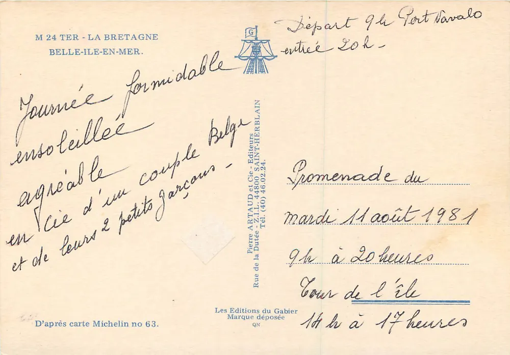 Belle-Île-en-Mer — Tourist Card with Photos of Sites — Publisher Pierre Artaud et Cie - Back