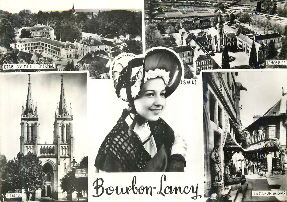 Bourbon-Lancy — Thermalbad, Die Kirche, Das Hospiz, Das Holzhaus — Combier Imp. (S. et L.) - Vorderseite