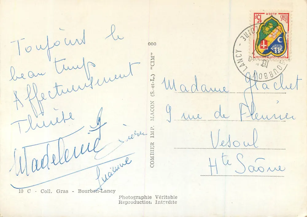 Bourbon-Lancy — Thermalbad, Die Kirche, Das Hospiz, Das Holzhaus — Combier Imp. (S. et L.) - Rückseite
