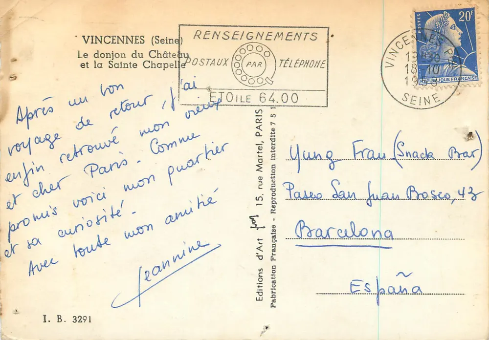 Vincennes (Seine) — Der Bergfried des Schlosses und die Sainte-Chapelle — Editions d'Art, I.B. 3291 - Rückseite