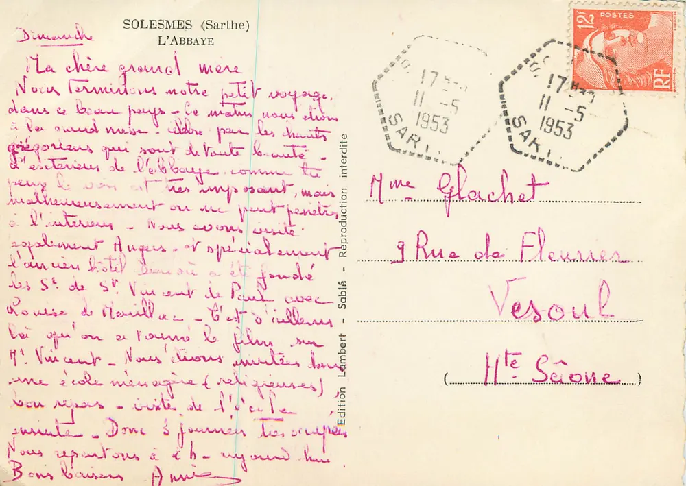 Abbaye de Solesmes — vue du fleuve et du pêcheur — Édition Lambert, Sablé - Verso