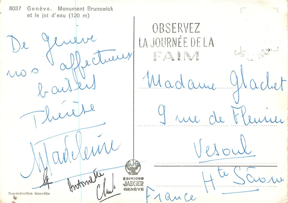 Genève. Monument Brunswick et le jet d'eau (120 m) — Éditions Jaeger, n° 8037 - Verso