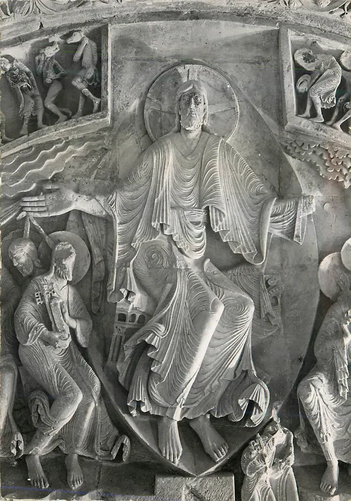 Vézelay (Yonne) — Abbatiale de la Madeleine, tympan central do Narthex. O Cristo em glória — Edições « Métis » Paris, n° 1148 - Frente