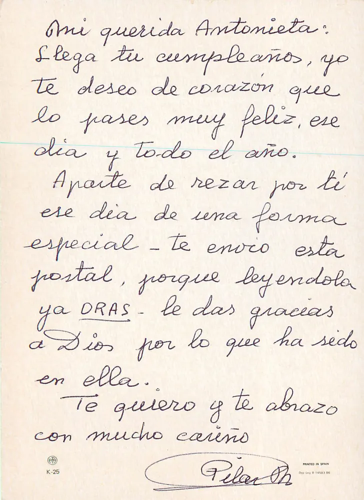 Oração de aniversário — Oração de aniversário em espanhol — Printed in Spain, K-25 - Verso