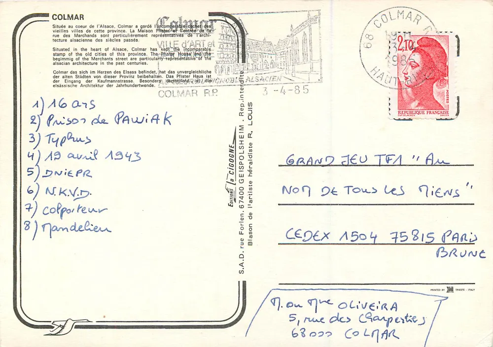 Colmar — Vista das casas com colmios — editor S.A.D. Europe - Verso