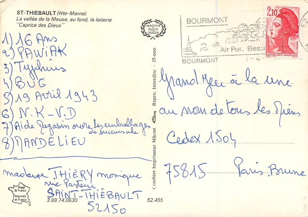 Saint-Thiébault (Hte-Marne) — A vallée da Meuse, no fundo, a laticínio 'Caprice dos Deuses' — Impressor Combier - Verso