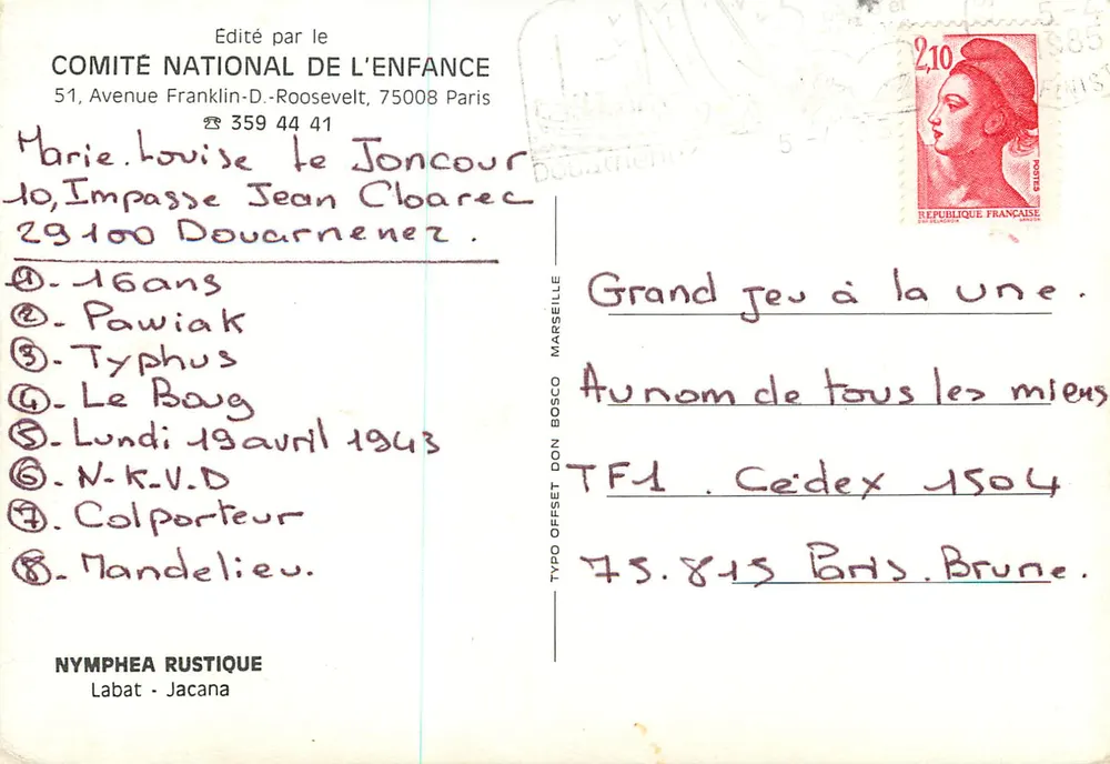 Ninféias rústicas — Labat - Jacana — Editado pelo COMITÉ NATIONAL DE L'ENFANCE - Verso