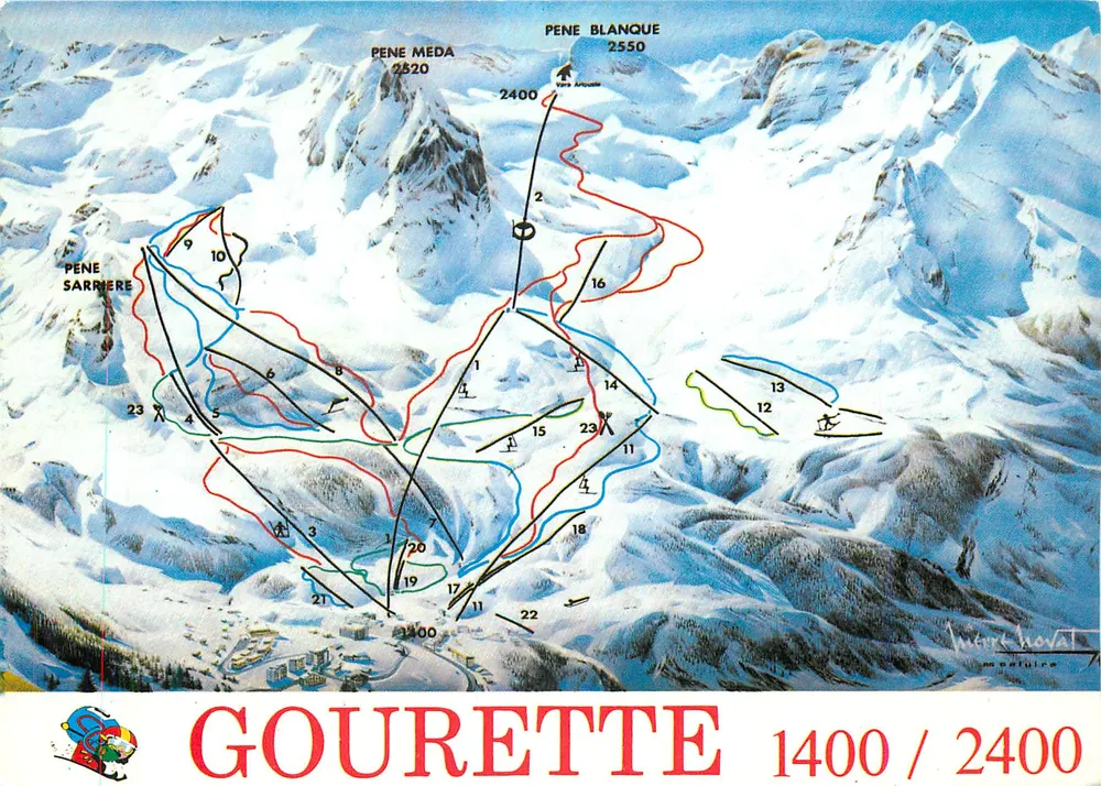 Gourette — Carta postal panorâmica do domínio esquiável — Éditions Pierre Novat - Frente