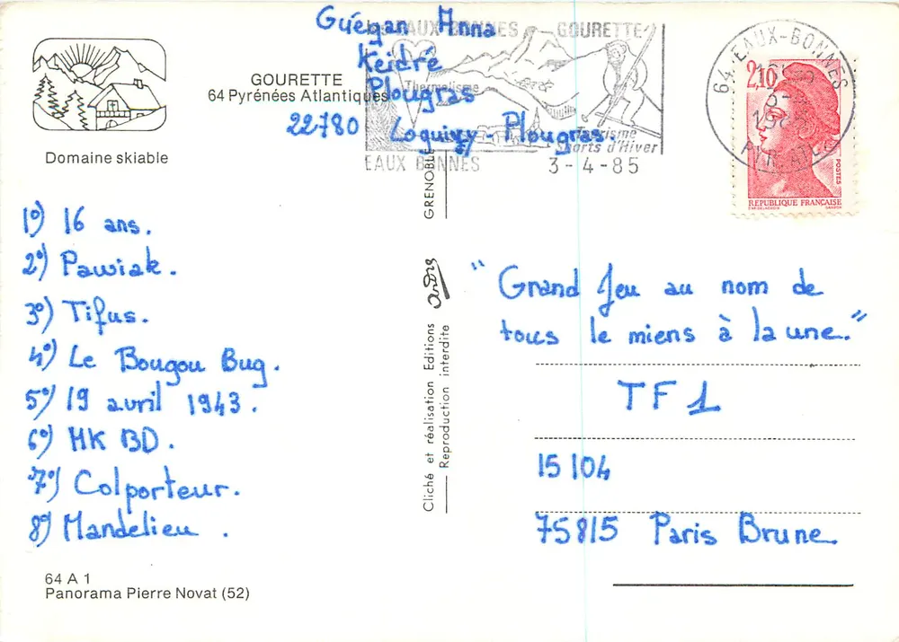 Gourette — Carta postal panorâmica do domínio esquiável — Éditions Pierre Novat - Verso