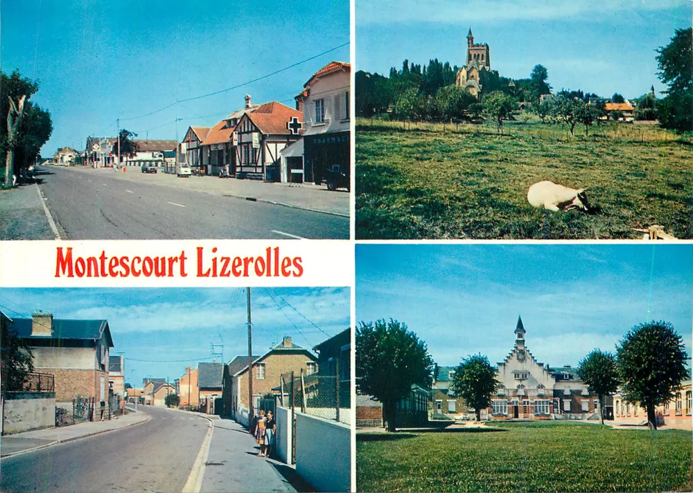 Montescourt-Lizerolles — vista da cidade e de sua igreja — Impressor Mâcon - Frente