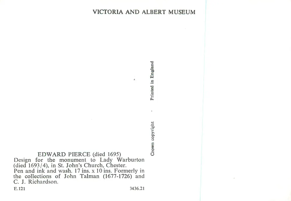Monument à Lady Warburton — dessin de Edward Pierce (décédé en 1695) — Victoria and Albert Museum - Verso