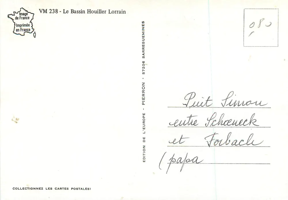 Bacia Hulé Lorraina — Carta postal ilustrada com vista de locais industriais e uma mapa — Édition Pierron, Sarreguemines - Verso
