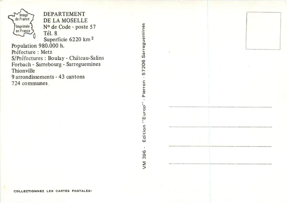 Departamento da Moselle — 57 — Edição 'Europ' VM 396 - Verso