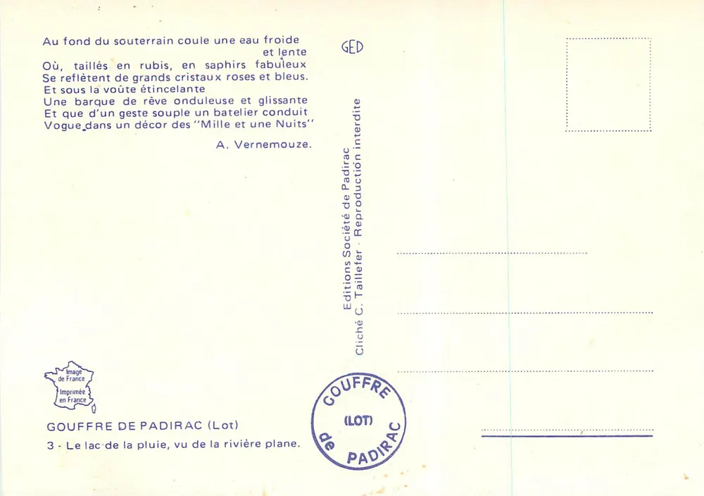 Gouffre de Padirac — Lac de la Pluie, von der flachen Flussseite gesehen — Éditions C. Taillefer - Rückseite