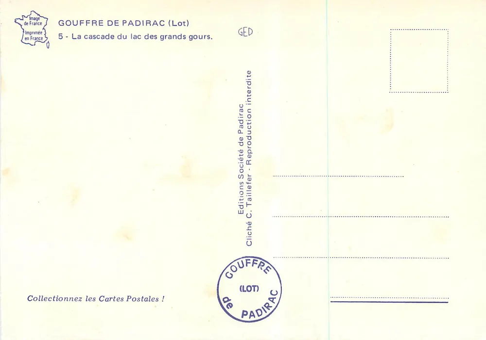 Gouffre de Padirac (Lot) — Cascade du lac des grands gours — Éditions C. Taillefer - Verso