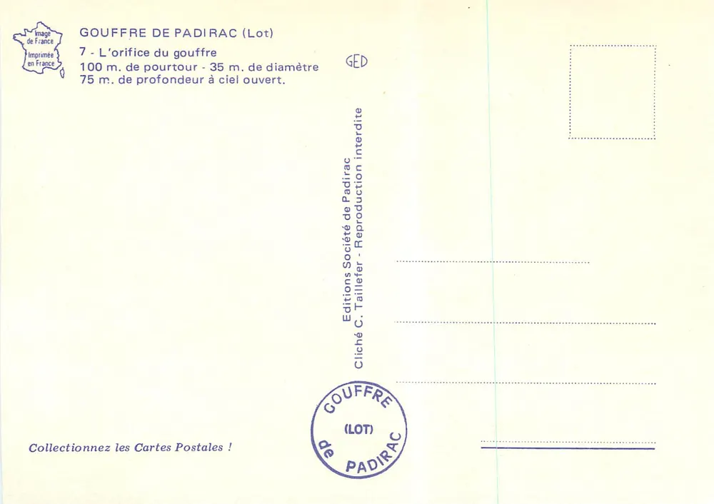 Gouffre de Padirac (Lot) — orifice do gouffre — Éditions C. Taillefer - Verso