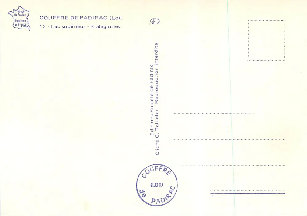 Gouffre de Padirac — Lac supérieur — Stalagmites — Éditions C. Taillefer - Verso