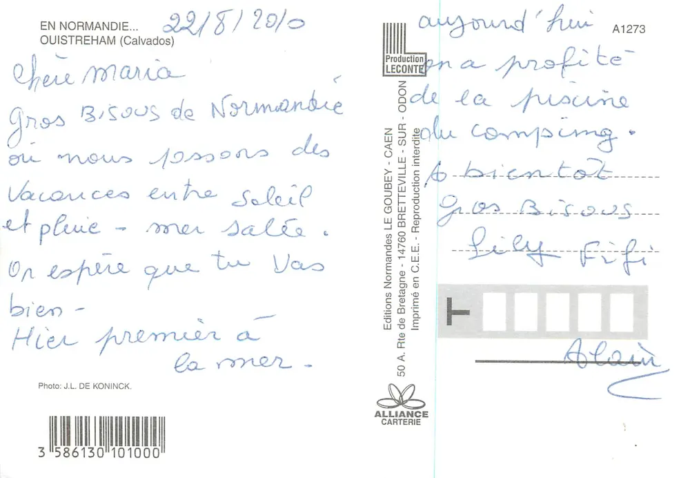 Ouistreham — vista panorámica con casino, ferry Brittany Ferries, playa y iglesia — Éditions Normandes LE GOUBEY - CAEN - Reverso