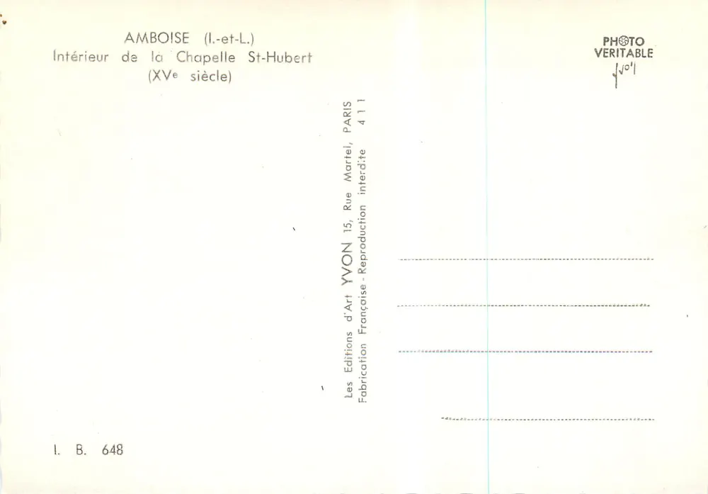 Amboise (l.-et-l.) — Intérieur de la chapelle Saint-Hubert (XVe siècle) — Éditions d'Art Yvon, Paris - Verso