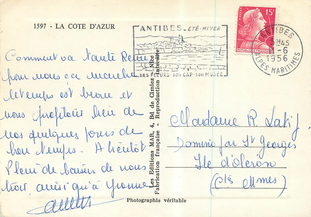 Antibes - Visão geral e as Alpes — Les Éditions MAR, NICE - Verso