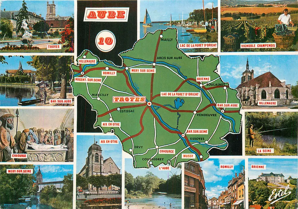 Aube — Touristenkarte mit Karte und Stempeln — Verlag Estel, Nr. 10 - Vorderseite