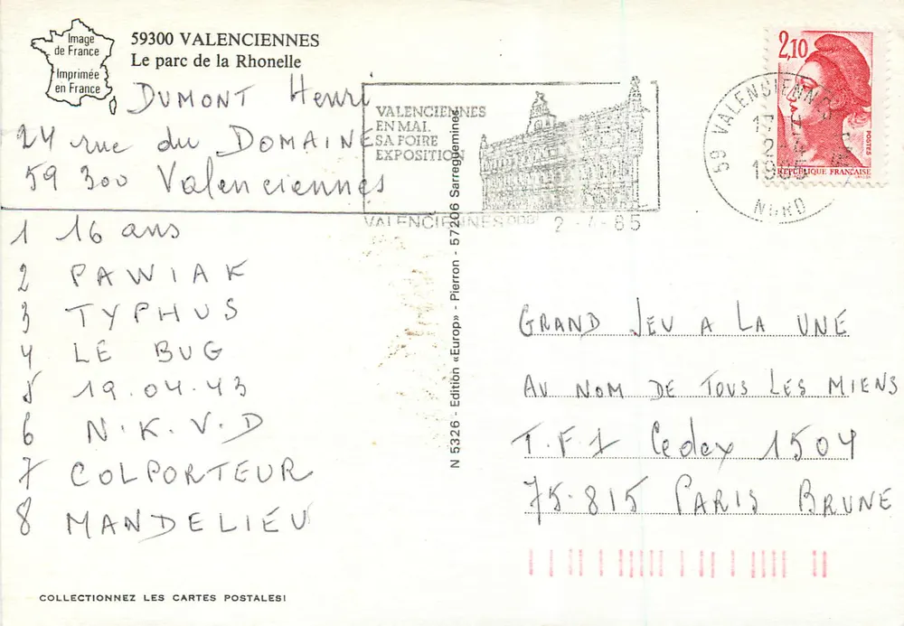 Parc de la Rhonelle — Valenciennes — Édition Pierron N°5326 - Verso