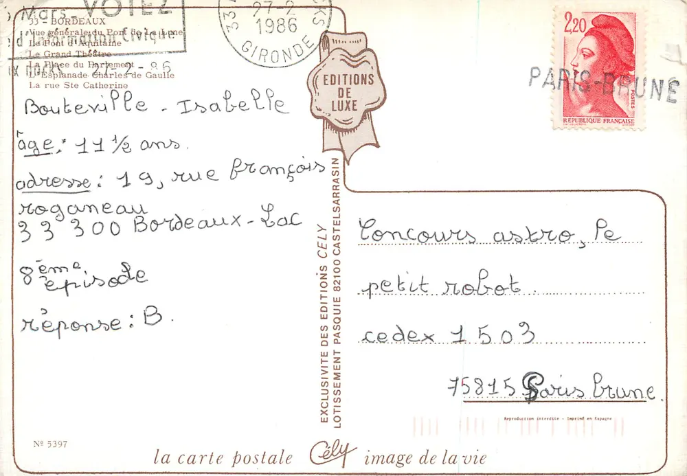 Bordeaux — vista aérea e monumentos — Edições Cely n° 5397 - Verso